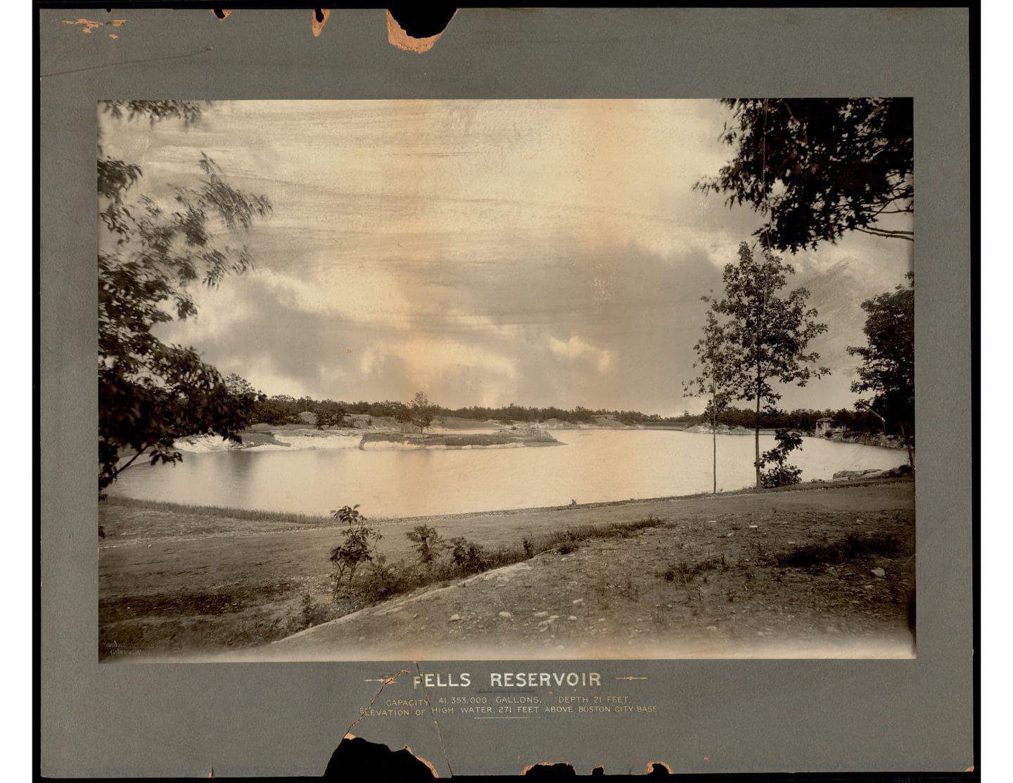 A photograph of the Northern High Service Middlesex Fells Reservoir in Stoneham, circa 1900.