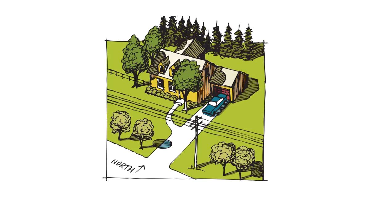 | Bogan Tree Service illustration of tree placement around residential home